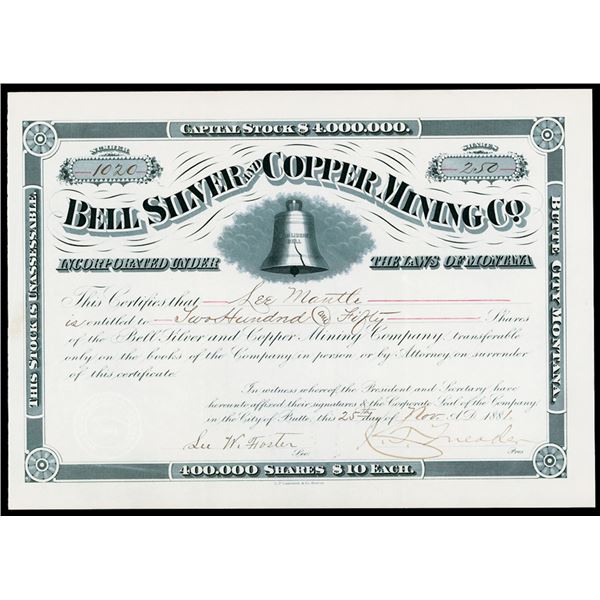 Montana Territory. Bell Silver and Copper Mining Co., I/U Stock Certificate.