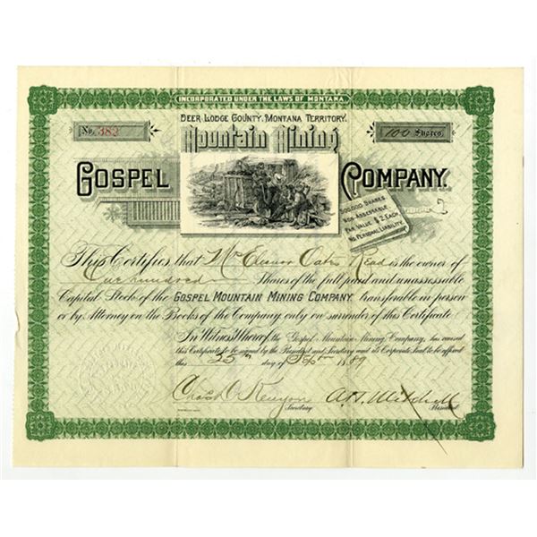 Montana Territory. Gospel Mountain Mining Co., 1889, I/U Stock Certificate.