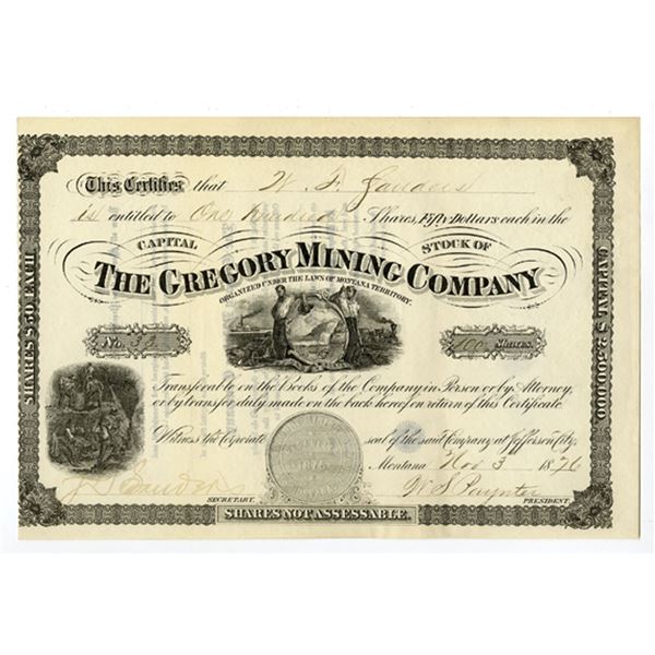 Montana Territory. Gregory Mining Co., 1876, I/U Stock Certificate.