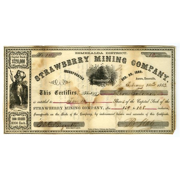 Nevada Territory, Strawberry Mining Co., 1862, I/U Stock Certificate.