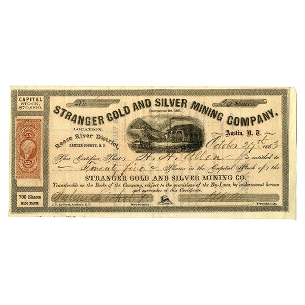 Nevada Territory. Stranger Gold and Silver Mining Co., 1863, I/U Stock Certificate with Imperforate 