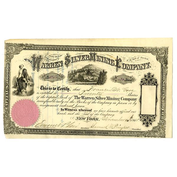 Nevada. Warren Silver Mining Co., 1865, I/U Stock Certificate.
