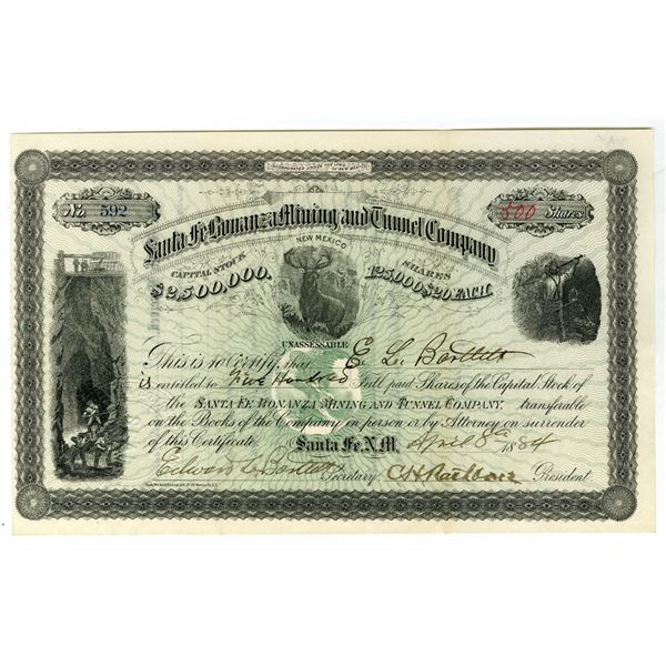 NM. Santa Fe Bonanza Mining & Tunnel Co. 1884. I/U Stock Certificate