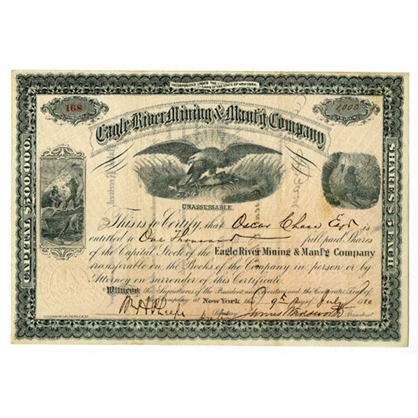 NY. Eagle River Mining & Manufacturing Co., 1880, I/U Stock Certificate.
