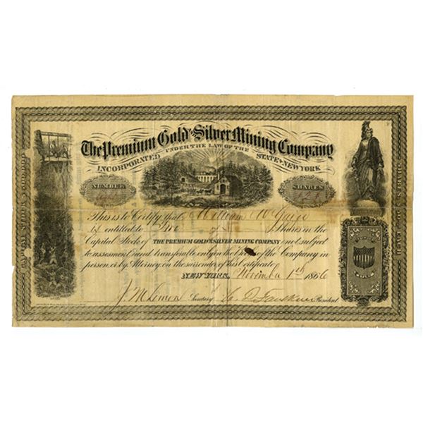 NY. Premium Gold and Silver Mining Co., 1866, I/U Stock Certificate.