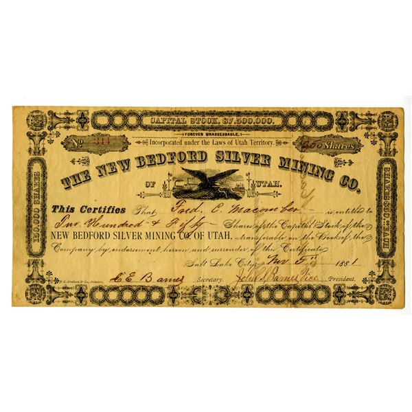 Utah Territory. New Bedford Silver Mining  Co. of Utah, 1881 I/U Stock Certificate.