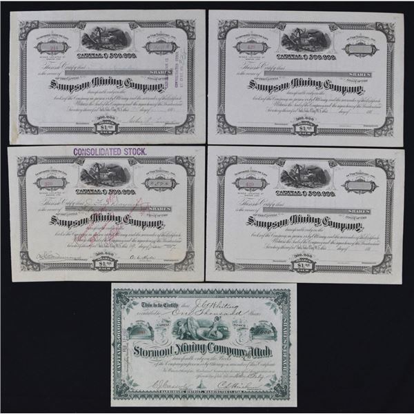 Utah Territory. Stormont Mining and Sampson Mining Co., 1887 to 1896, Stock Assortment.