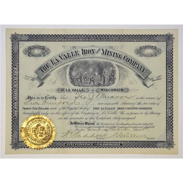 WI. La Valle Iron and Mining Co., 1888, I/U Stock Certificate.