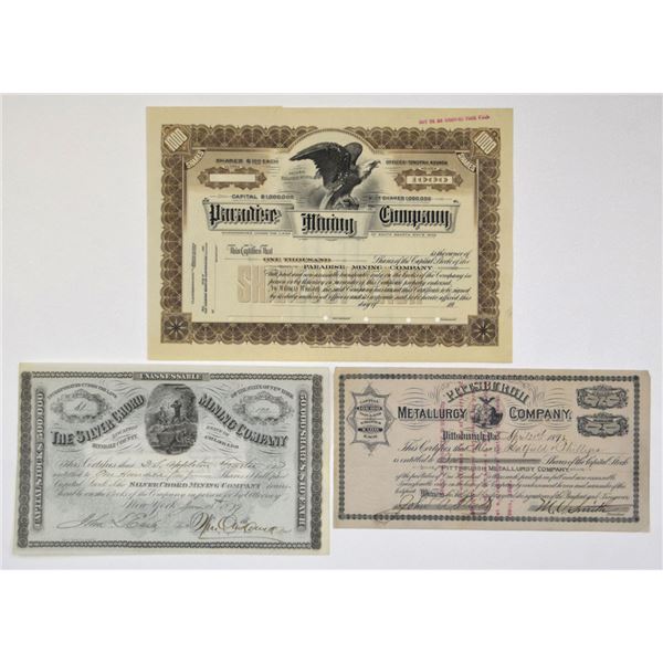 CO. NV. PA., Silver & Western Gold & Silver Mining Certificate Trio, 1879 to 1910.