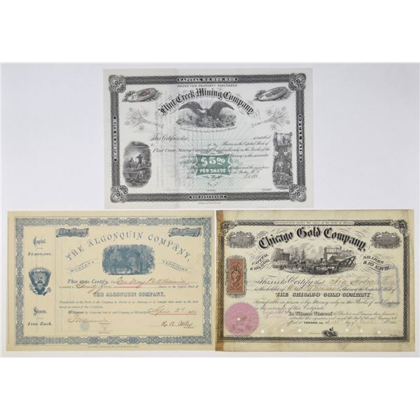 Montana Territory & Illinois, 1865 to 1890s, Mining Stock Certificate Trio