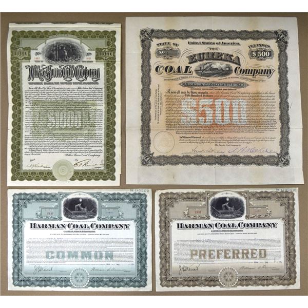 IL., NJ., PA. Coal Mining Stock and Bond Certificate Quartet, 1875 to 1912.