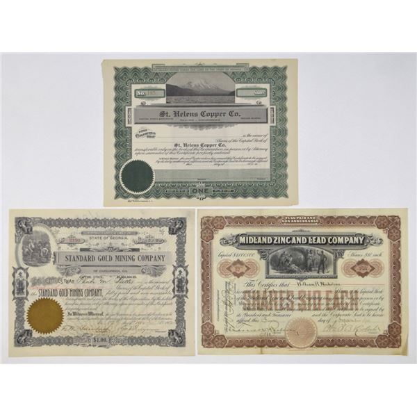 Nevada, Georgia & New Jersey Mining Stock Certificate Trio, 1900 to 1902.