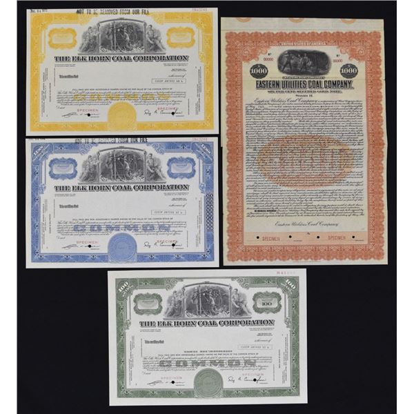 WV. Eastern Utilities Coal Co. and Elk Horn Coal Corp., 1917 and 1972, Specimen Stock and Bond Certi