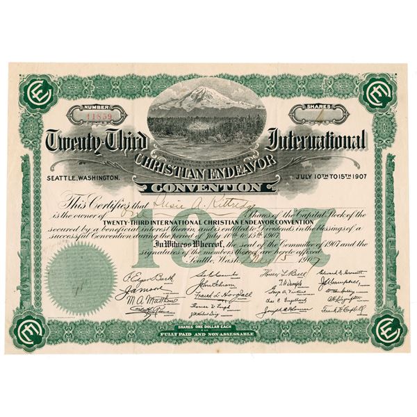 WA. Twenty-Third International Christian Endeavor Convention, 1907 I/U Stock Certificate