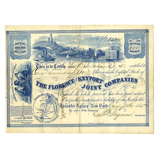 NJ. The Florence & Keyport Joint Companies, 1835, I/U Stock Certificate