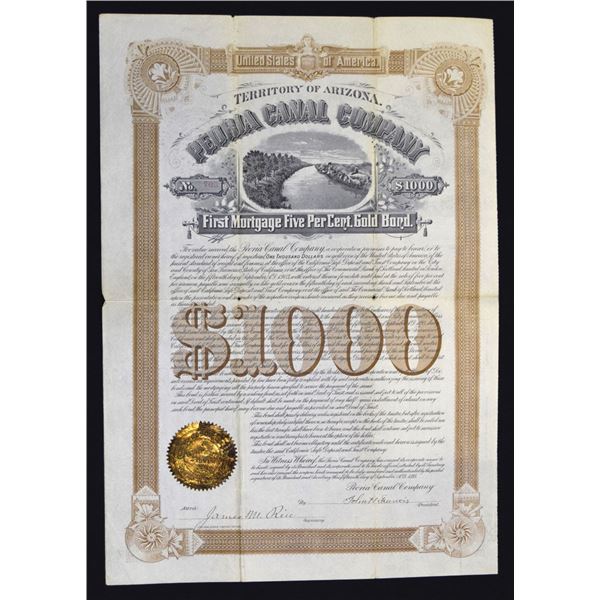 AZ. Peoria Canal Co., 1893,  I/U 5% Gold Coupon Bond.