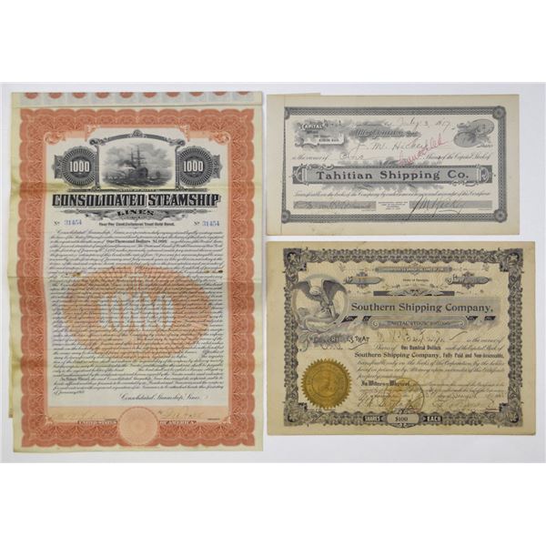 CA. ME. GA., Shipping & Navigation Stock and Bond Certificate Trio, 1907 to 1917.