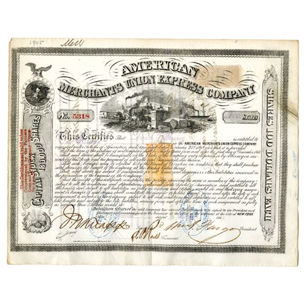 NY. American Merchants Union Express Co., 1869, I/C Stock Certificate Signed by William Fargo.