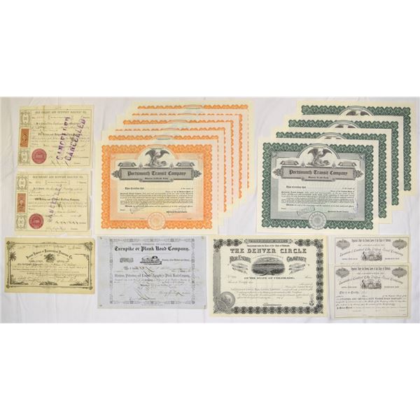 Turnpike, Railroad, and Transportation Stock Certificate Assortment, 1852 to ND (1900s).