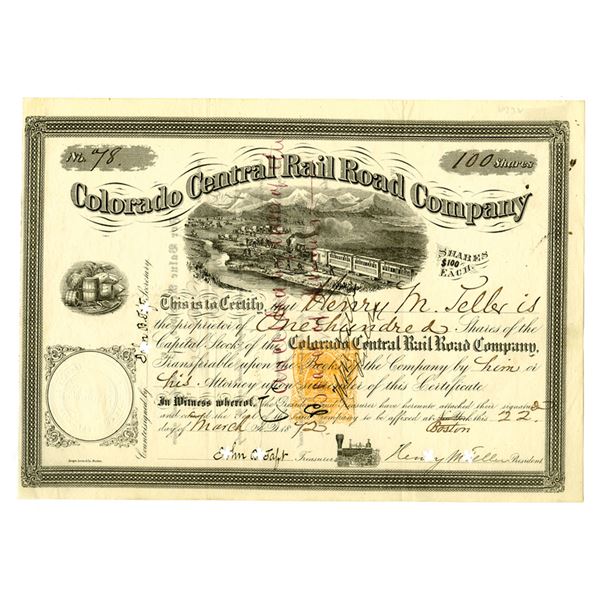 CO. Colorado Central Rail Road Co., 1872, I/C Stock Certificate ITASB Henry M. Teller