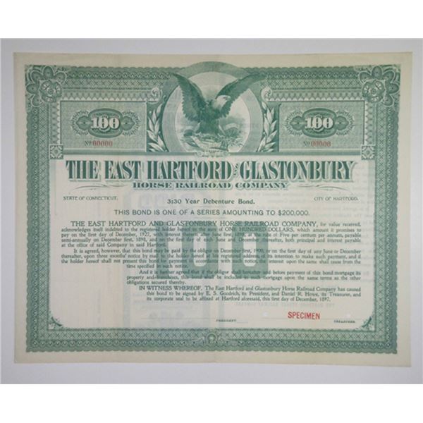 CT. East Hartford & Glastonbury Horse Railroad Co 1897 Specimen $100 Registered Bond
