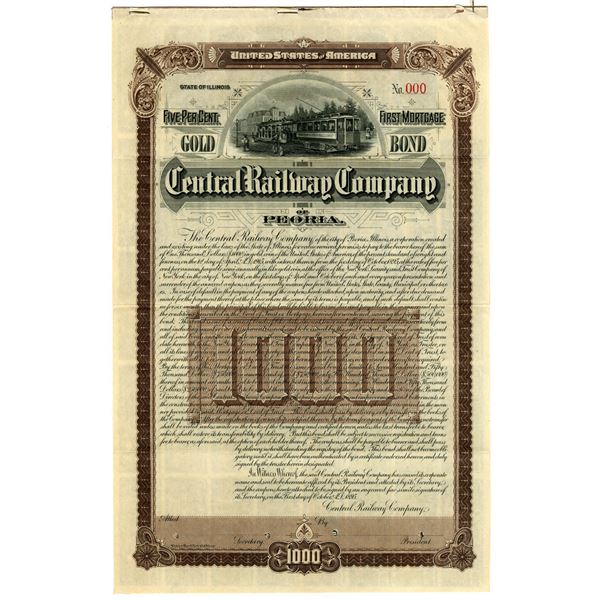 IL. Central Railway Company of Peoria, 1895 Specimen Bond.