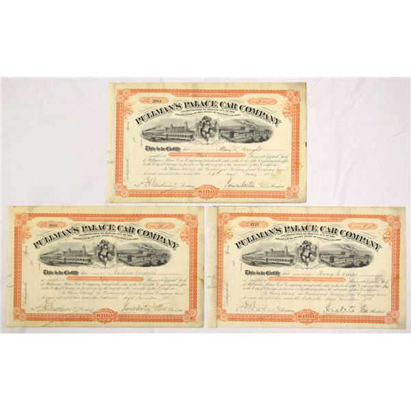 IL. Pullman's Palace Car Co., 1881, I/C Stock Certificate Trio Signed by Horace Porter as Vice Presi