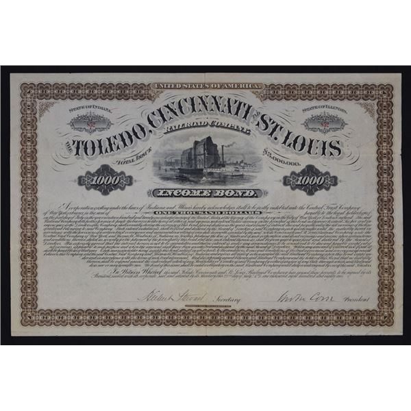 IN., IL., Toledo, Cincinnati and St. Louis Railroad Co., 1881, I/U Registered Bond.