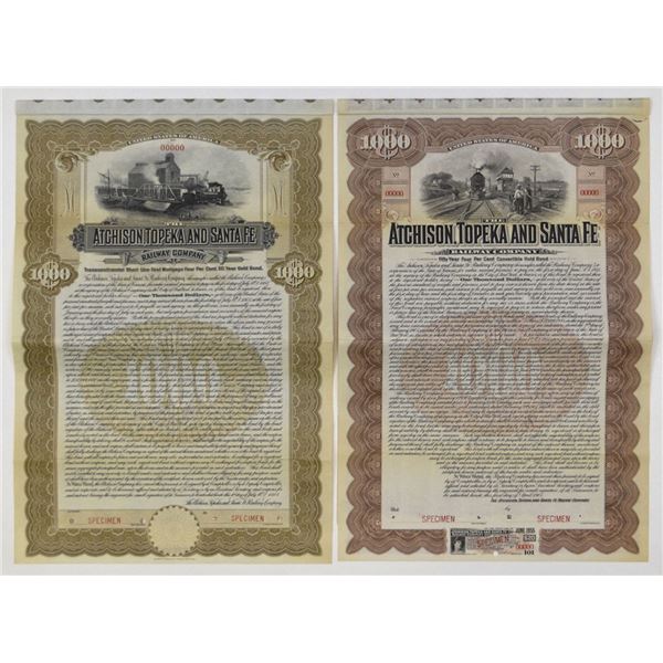 KS. Atchison, Topeka & Santa Fe Railway Co., 1905 and 1908, Specimen Gold Coupon Bond Pair.