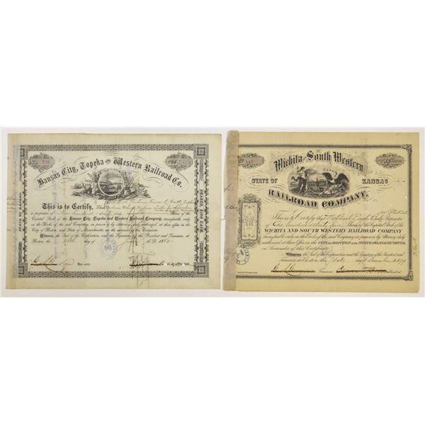 KS. Kansas Railroad Stock Certificate Duo, 1879 and 1880