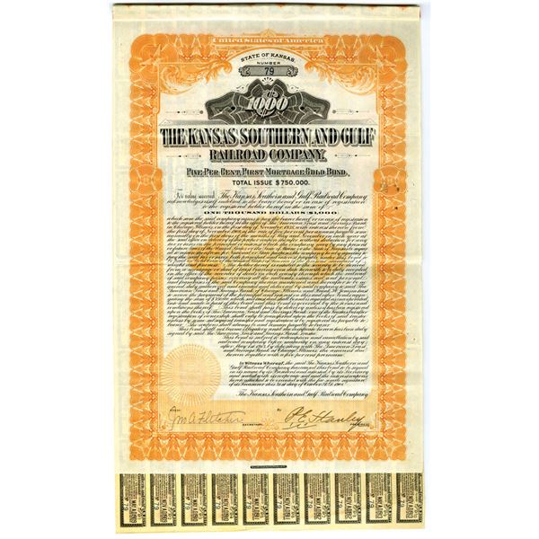 KS. Kansas Southern and Gulf Railroad Co., 1908, I/U Bond.