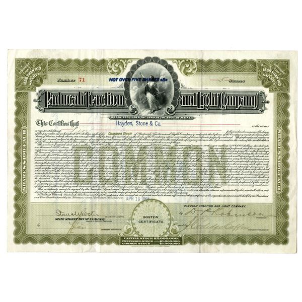 ME. Paducah Traction and Light Co., 1906, I/U Stock Certificate.