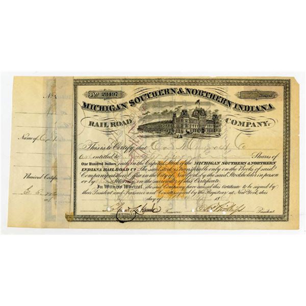 MI. Michigan Southern and Northern Indiana Rail-Road Co. 1868 I/C Stock Certificate With 25 Cent Imp
