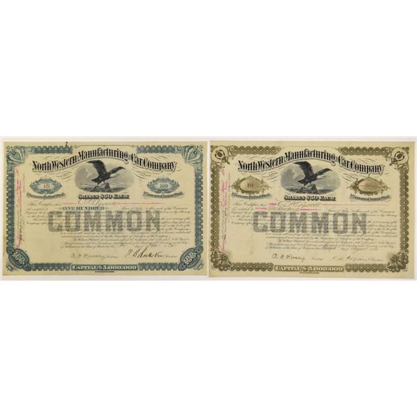 MN. North Western Manufacturing and Car Co., 1882, I/U Stock Certificate Pair.