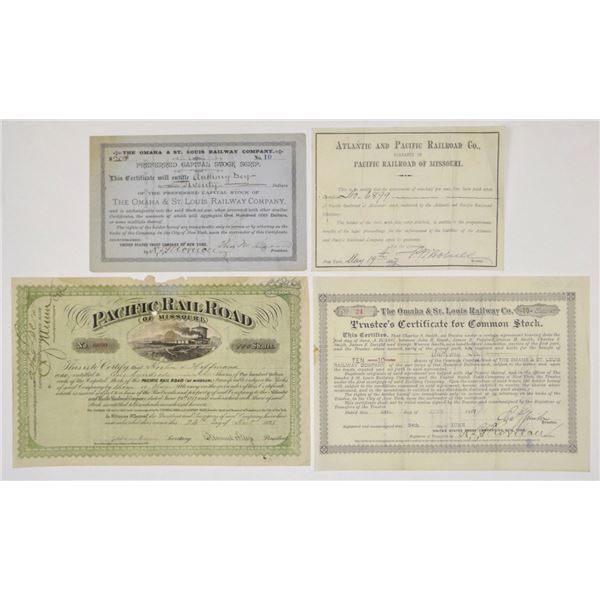 MO. Missouri Railroad Stock Certificate Quartet, 1875 to 1887