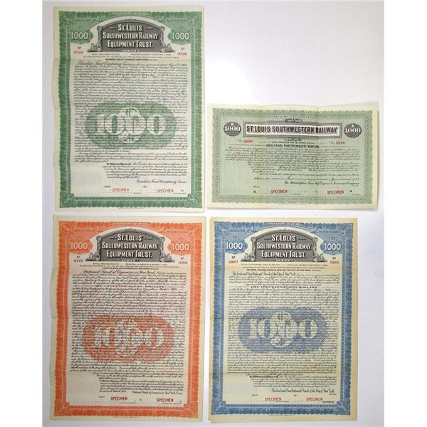 MO. St. Louis Southwestern Railway Equipment Trust, 1913 to 1925, Specimen Gold Coupon Bond Quartet