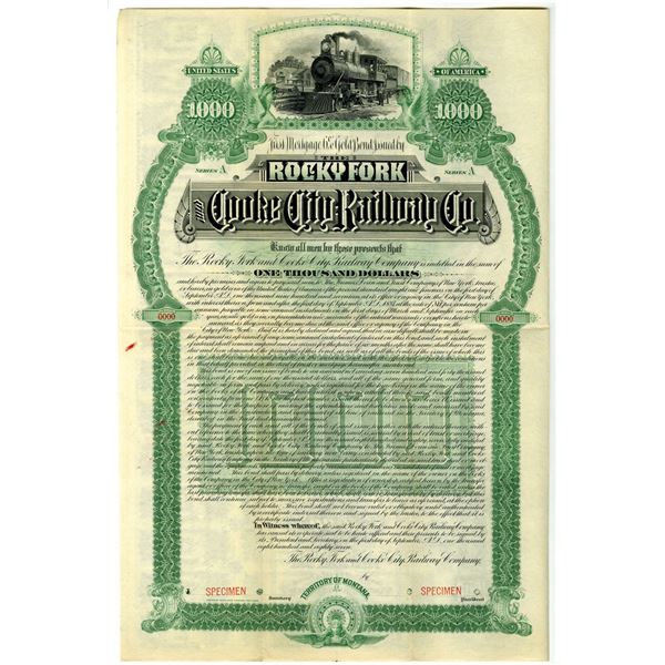 Montana Territory. Rocky Fork and Cooke City Railway Co., 1887 Specimen Gold Bond Rarity