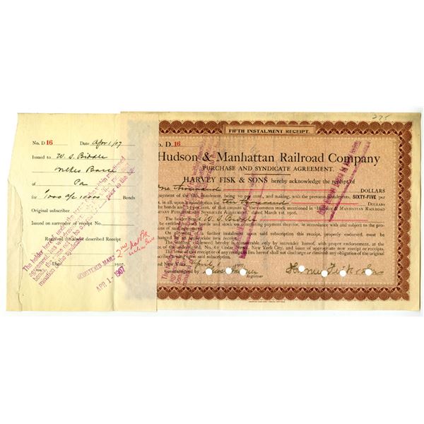 NY. Hudson & Manhattan Railroad Co., 1907, I/C Fifth Instalment Bond Subscription Receipt.