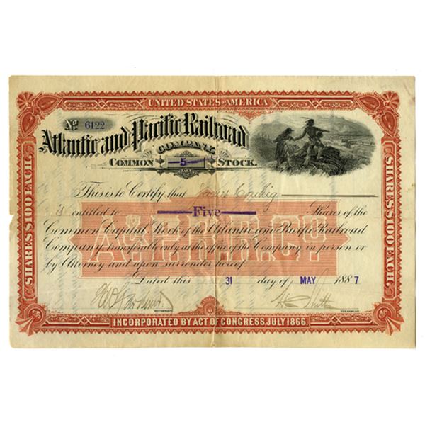 NY. CA., Atlantic and Pacific Railroad Co., 1887, I/U Stock Certificate.