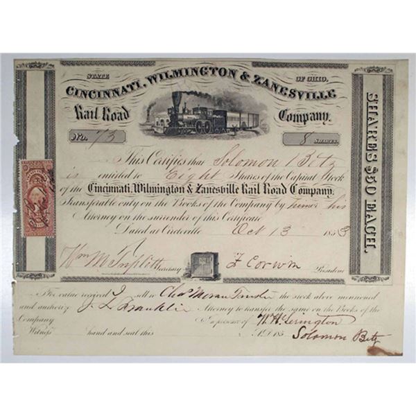 OH. Cincinnati, Wilmington & Zanesville Rail Road Co. 1853 I/U Stock Certificate