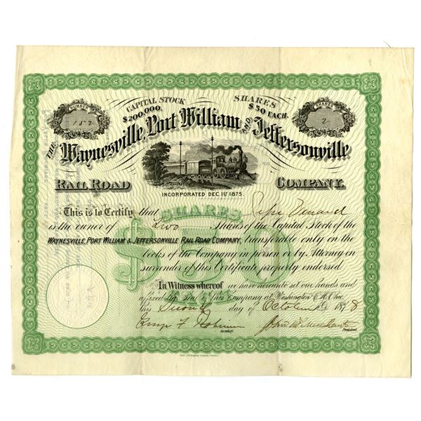 OH. Waynesville, Port William and Jeffersonville Rail Road Co., 1878, I/U Stock Certificate.