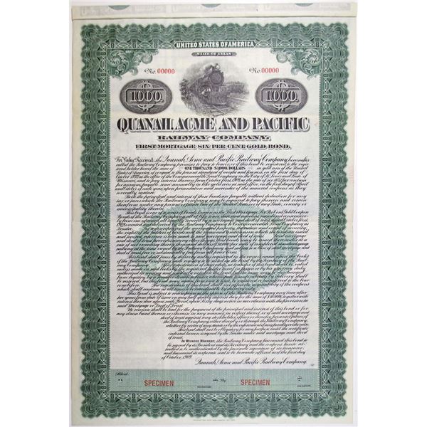 Texas. Quanah, Acme and Pacific Railway Co. 1909 Specimen Gold Coupon Bond