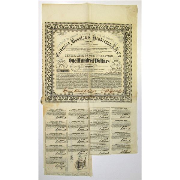 TX. Galveston, Houston & Henderson Rail Road Co., 1857. I/U Bond with Attached $40 Bearer Share Cert