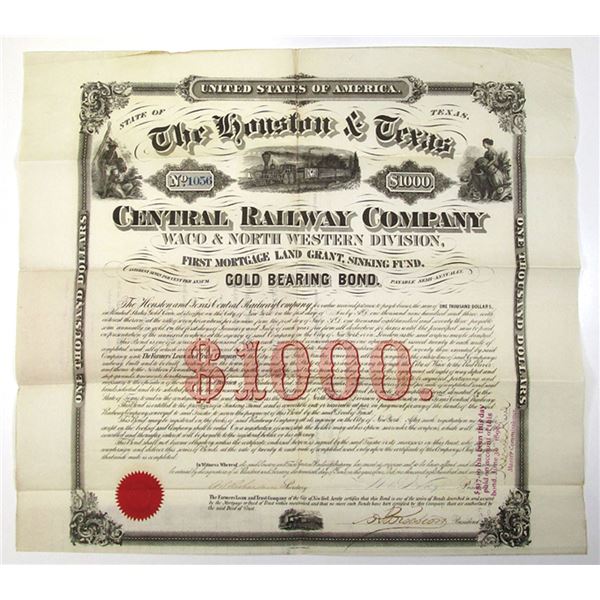 TX. Houston & Texas Central Railway Co. Waco & North Western Division, 1873 I/U Bond.