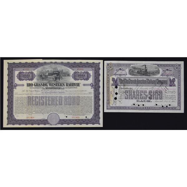 UT. Rio Grande Junction Railway Co., I/C, 1890, and, Rio Grande Western Railway Co., Specimen, ca.19