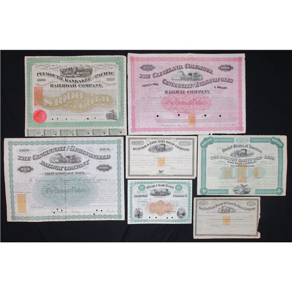 Midwestern and Eastern Railroad Revenue Imprinted Bond & Stock Certificate Group, ca.1860s to 1880s