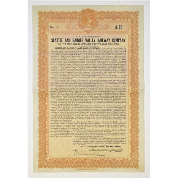 WA. Seattle and Rainier Valley Railway Company $100 Bond, 1916 I/U Serial #1 Bond.