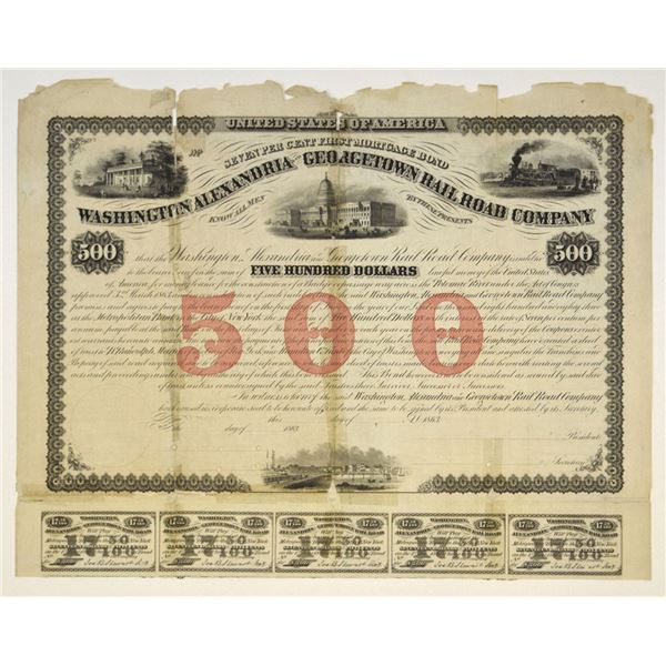 Washington, Alexandria and Georgetown Railroad Co. 1863 Unique Specimen Bond.