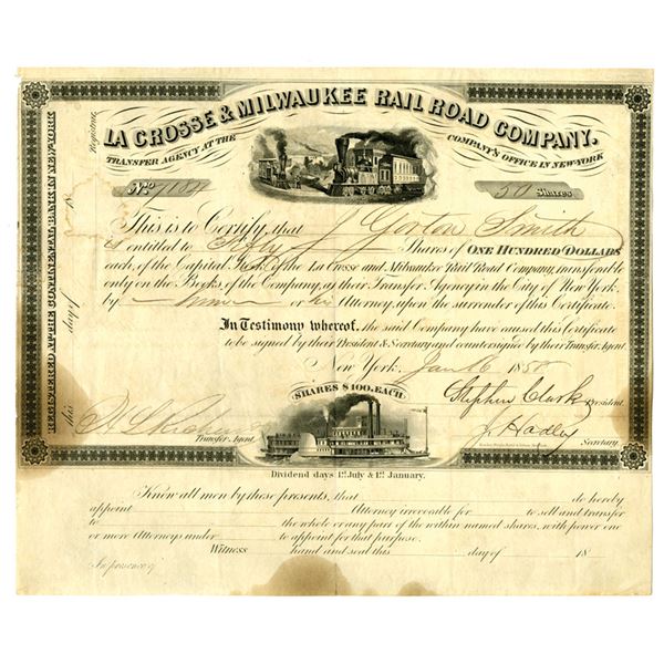 WI. La Crosse & Milwaukee Rail Road Co., 1858, I/U Stock Certificate.