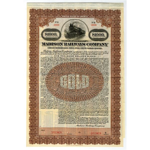 WI. Madison Railways Co., 1916 Specimen Gold Coupon Bond Rarity.